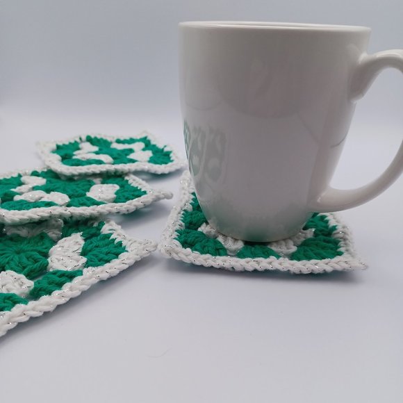 Handcrafted Cotton Coasters - Set of 4 - Christmas Green, White, and Silver - Picture 6 of 6